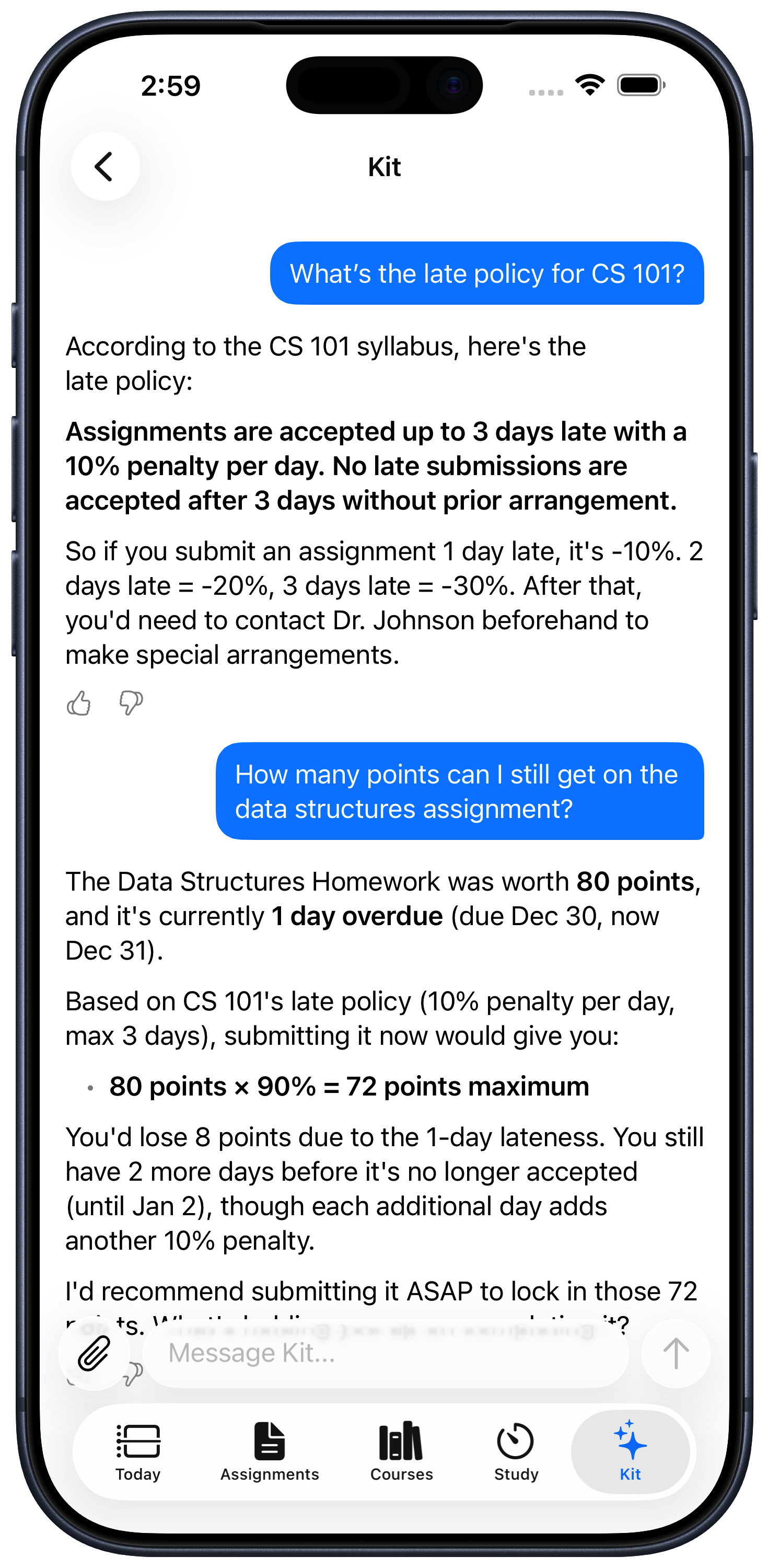Kit AI Assistant answering questions about your courses