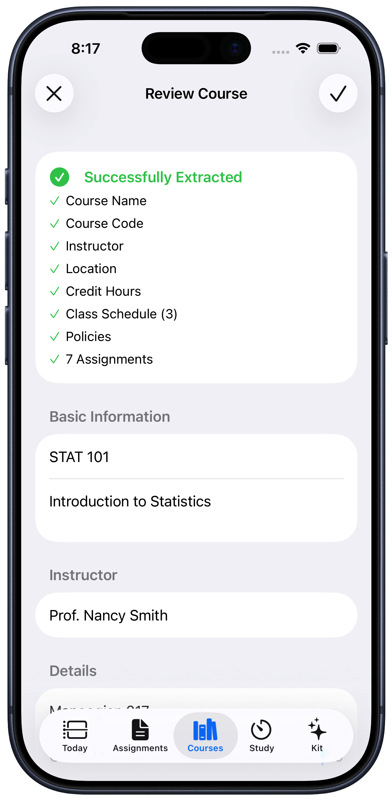 StudyKit Syllabus Import showing automatic extraction of course details